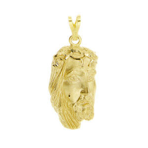 Ciondolo in oro giallo 18kt, volto di Gesù con corona di spine e lavorazione lucida opaca.