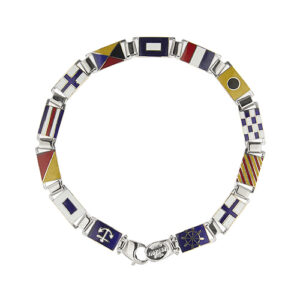 Bracciale uomo maglia a segmenti rettangolari in oro bianco 18kt con 13 bandiere nautiche smaltate. Brand: Arcadia.