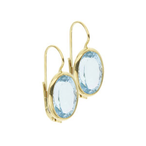 Orecchini a monachella in oro giallo 18kt con 2 topazi azzurri ovali da 5 ct cad.