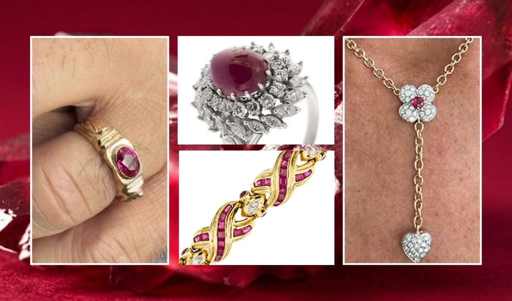 Foto articolo di blog: Rubino, pietra del mese di luglio tra significato e leggende. In foto: anello oro uomo con rubino, dettaglio zoom di anello halo oro donna con rubino e diamanti, zoom dettaglio di bracciale stile vintage con rubini e collana con pendente fiore e cuore con rubino e diamanti in oro giallo