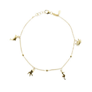 Bracciale maglia rolò in oro giallo 18kt con 4 charms animalier marini: (delfino, polpo, ippocampo, granchio) e 4 pepite d’oro; chiusura a moschettone con maglie per regolare la lunghezza. Brand: Fab.