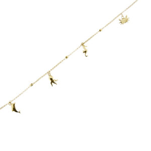zoom dettaglio maglia con charms: granchio, ippocampo, polipo, delfino su bracciale oro giallo
