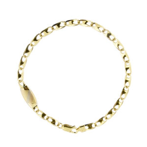 Bracciale uomo in oro giallo 18kt maglia valentino stilizzata con targhetta 3 oro satinati, chiusura a moschettone. Brand: Polverini.
