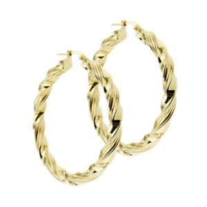 Orecchini a cerchio grande attorcigliati con lavorazione a righe in oro giallo 18kt, chiusura a leva.