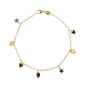 Bracciale maglia rolò in oro giallo 18kt con charms: 3 cuori in oro, 2 cuori smaltati in rosso e 2 stelline smaltate in verde, chiusura a moschettone.