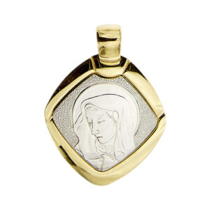 Ciondolo in oro giallo e oro bianco 18kt a rombo con volto della Madonna e lavorazione lucida e satinata. Brand: Stella.