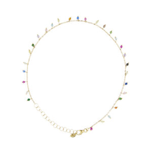 Cavigliera maglia rolò in oro giallo 18kt con piccoli charms di pietre colorate, lunghezza aggiustabile e chiusura a moschettone.