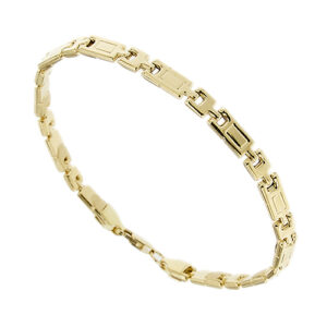 Bracciale maglia originale a segmenti double face in oro giallo 18kt con lavorazione satinata e lucida da un lato, chiusura a moschettone.