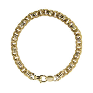 Bracciale unisex maglia originale grumetta piatta lavorata in oro giallo, oro rosa e oro bianco 18kt, chiusura con moschettone.