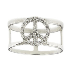 Anello a fascia in oro bianco 18kt e simbolo della pace impreziosito con 32 diamanti taglio brillante da 0.01 ct cad, totale 0.32 ct, colore FG - purezza VS.
