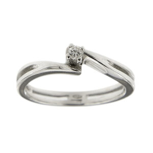 Anello solitario contrarié in oro bianco 18 kt con diamante taglio brillante da 0,05 ct - colore GH, purezza SI, gambo a binario.