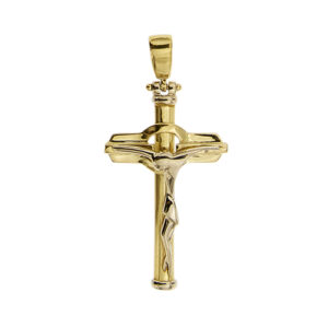 Ciondolo a croce moderna in oro giallo 18 kt con Cristo e finiture in oro bianco 18 kt.