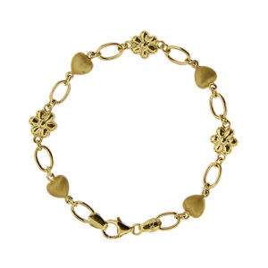 Bracciale in oro giallo 18 kt con cuori satinati e fiori, chiusura a moschettone.