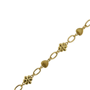 zoom dettaglio maglia di bracciale oro giallo con lavorazione lucida e satinata fiori e cuori
