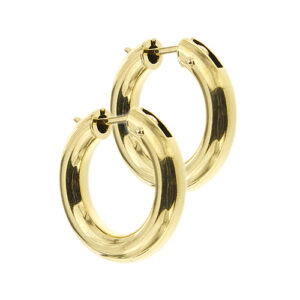 Orecchini in oro giallo 18kt a cerchio piccolo e bombato con chiusura a leva.