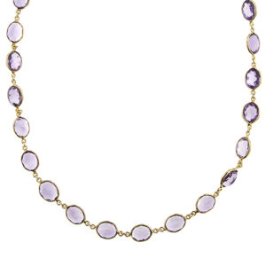 Collana girocollo in oro giallo 18kt con 27 ametiste ovali sfaccettate da 1 ct cad, originale chiusura a B con gancio.