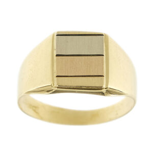 Anello uomo in oro giallo 18 kt a scudo satinato con 3 ori.